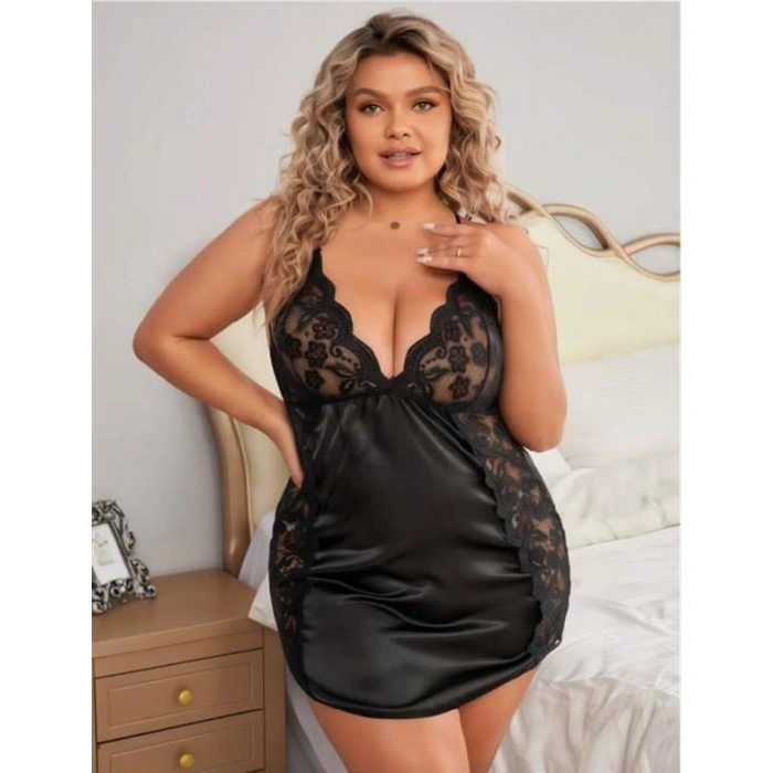 Büyük Beden Siyah Dantel İşlemeli Saten Gecelik