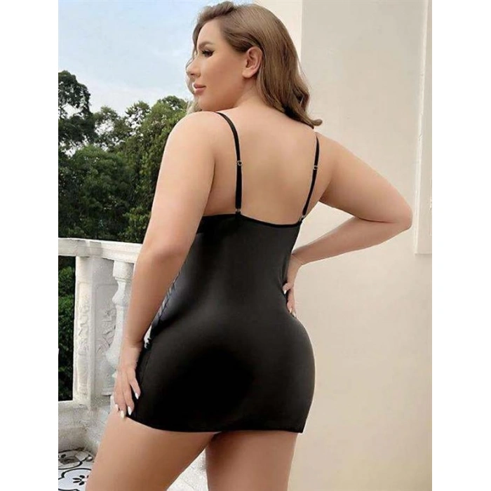 Büyük Beden Siyah Deri Metal Aksesuarlı Fantezi Elbise