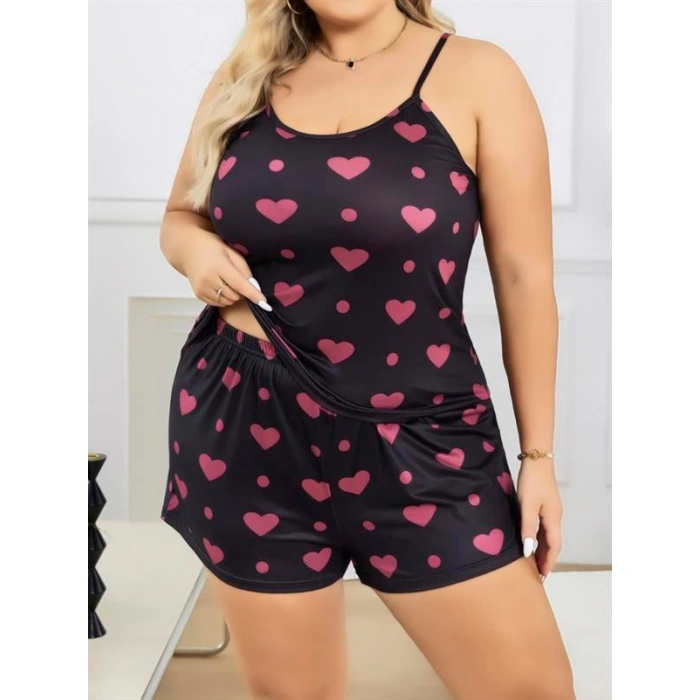 Büyük Beden Siyah Kalp Desen İnce Askılı Pamuklu Şortlu Pijama Takımı