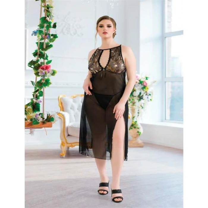 Büyük Beden Siyah Tül Fantezi Uzun Yırtmaçlı Gecelik