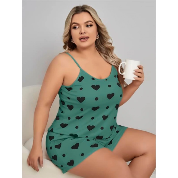 Büyük Beden Yeşil Kalp Desen Pamuklu Şortlu Pijama Takımı