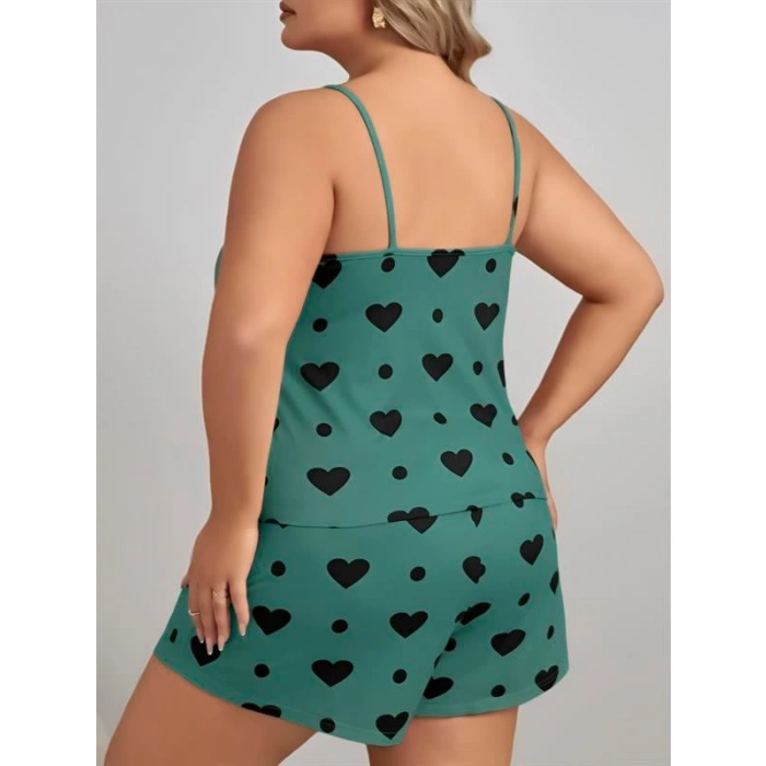 Büyük Beden Yeşil Kalp Desen Pamuklu Şortlu Pijama Takımı