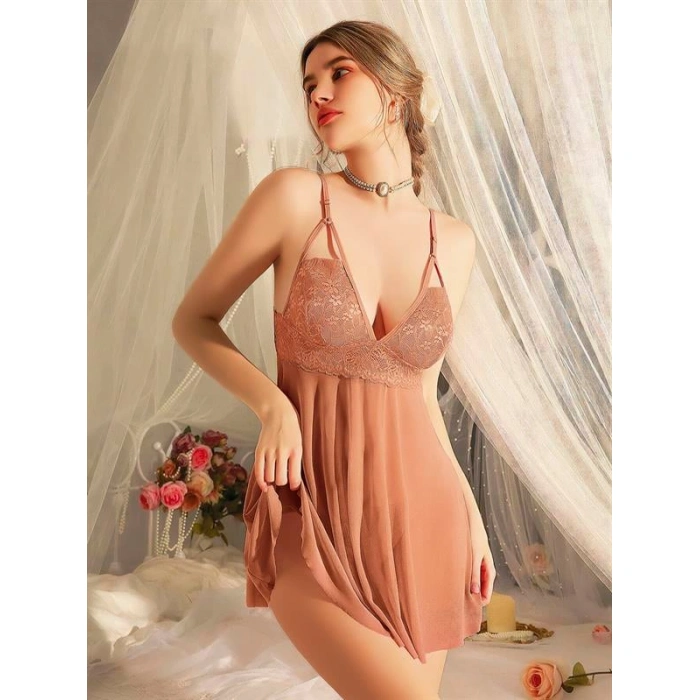 Dantel İşlemeli Tül Transparan Kahverengi Fantezi Gecelik