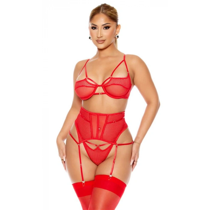 Fantezi File Tül Detaylı Kırmızı Jartiyer  Takım