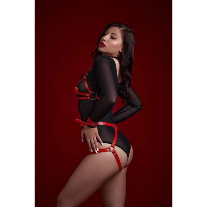 Fantezi Sütyen Külot Kelepçeli Kırmızı Harness Set