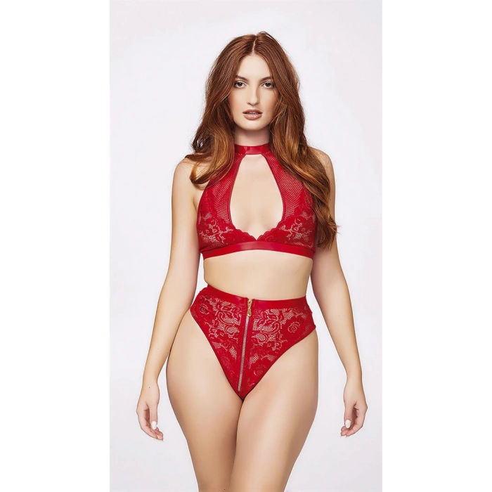 Fermuar Detaylı Kırmızı Sütyen Külot Takım