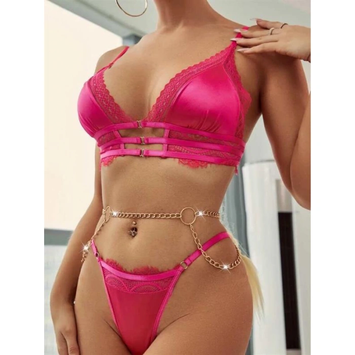 Fuşya Zincir Detaylı Fantezi Sütyen Takımı