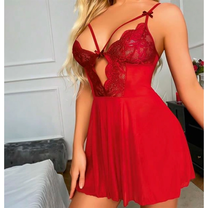Kırmızı Dantel İşlemeli Göğüs İp Detaylı Fantezi Tül Gecelik Takımı