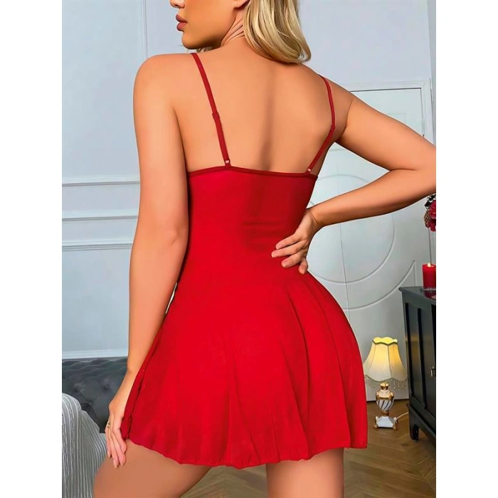 Kırmızı Dantel İşlemeli Göğüs İp Detaylı Fantezi Tül Gecelik Takımı