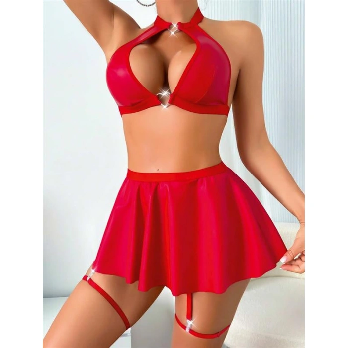 Kırmızı Dekolteli Etekli Boyundan Bağlamalı Fantezi Parlak Deri Kostüm