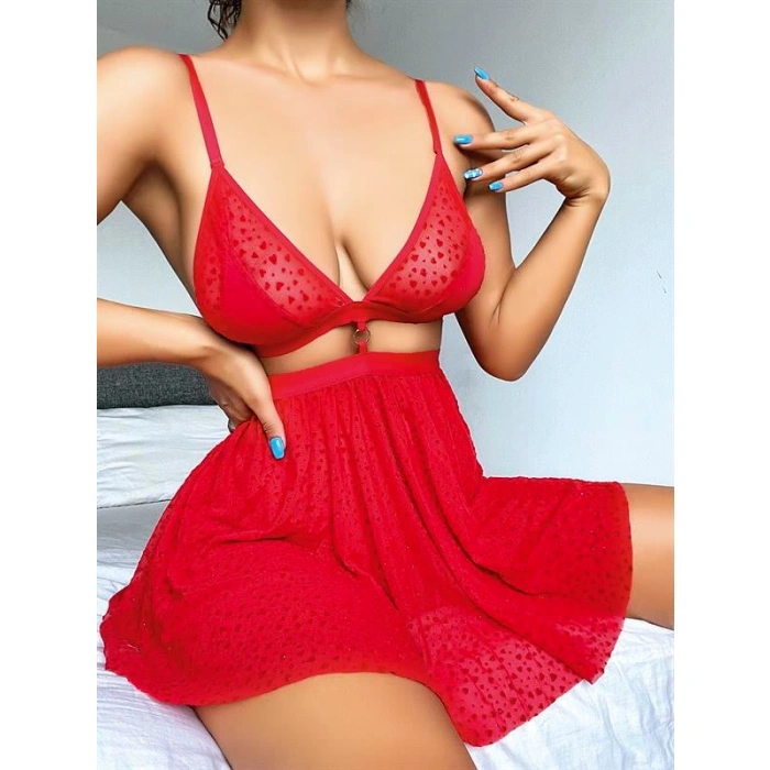 Kırmızı Desenli Mini Etekli Sütyen Takımı