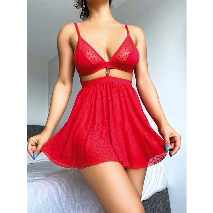 Kırmızı Desenli Mini Etekli Sütyen Takımı