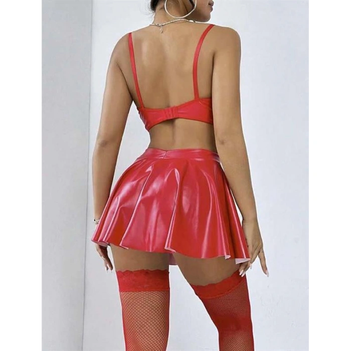 Kırmızı Etekli Fantezi Deri Şık Elbise