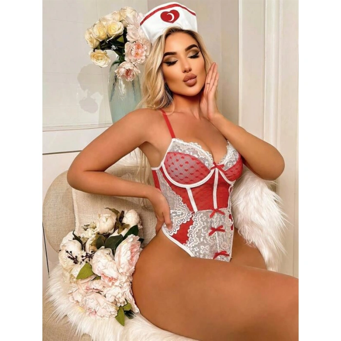 Kırmızı Fantezi Body Hemşire Kostümü