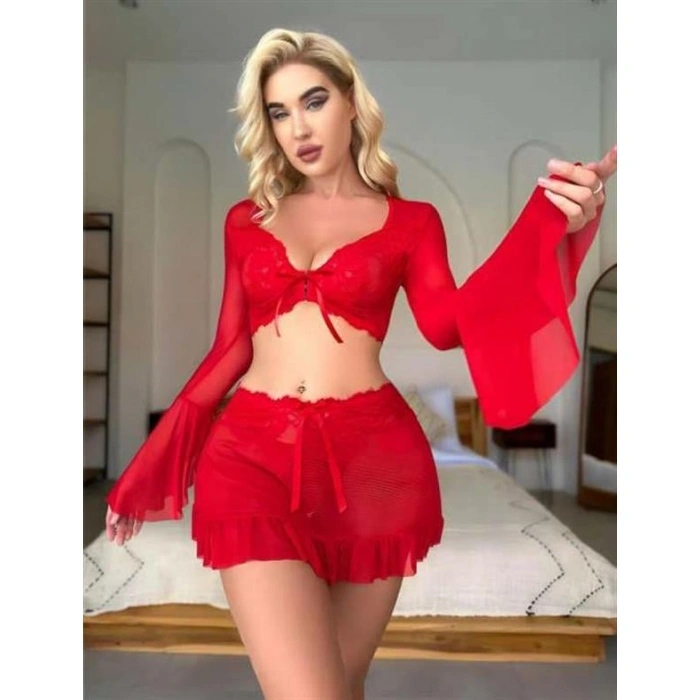 Kırmızı Transparan Fantezi Etekli Gecelik Takım