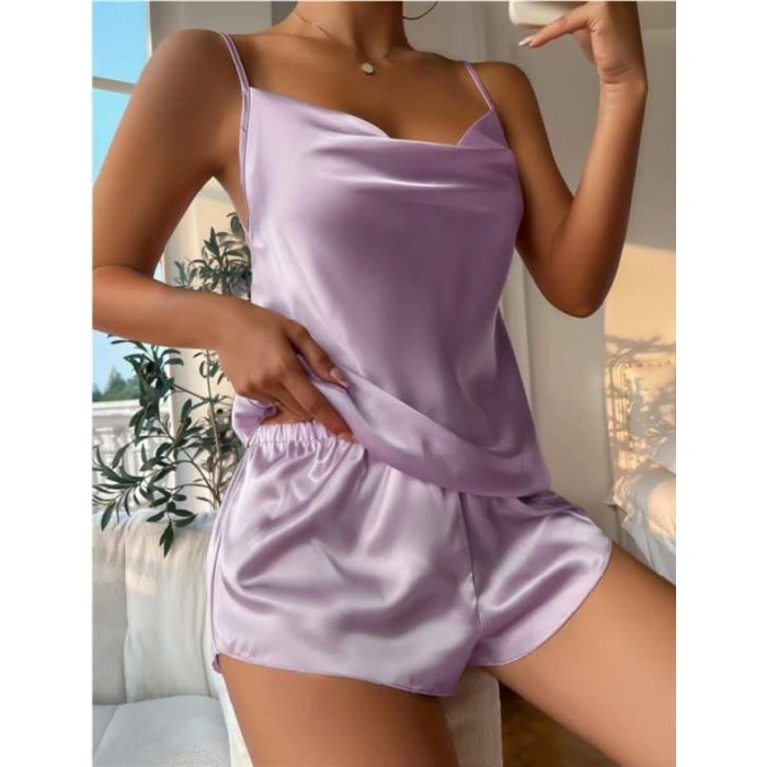 Lila İnce Askılı Saten Şortlu Takım