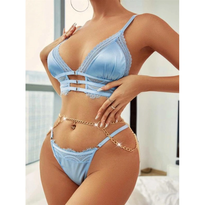 Mavi Zincir Detaylı Fantezi Sütyen Takımı