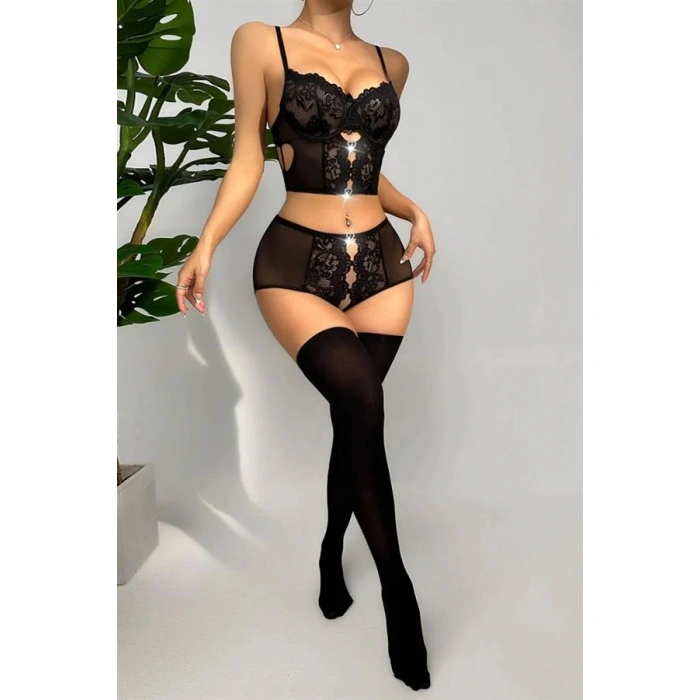 Özel Bölgesi Açık Siyah Dantelli Fantezi Büstiyer Takım