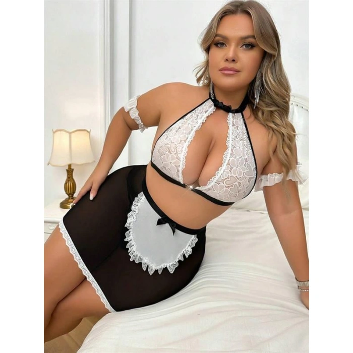 Özel Tasarım Büyük Beden Dantelli Fantezi Hizmetçi Kostümü