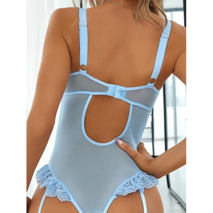 Özel Tasarım Mavi Dantelli Fantezi Jartiyer Takımı