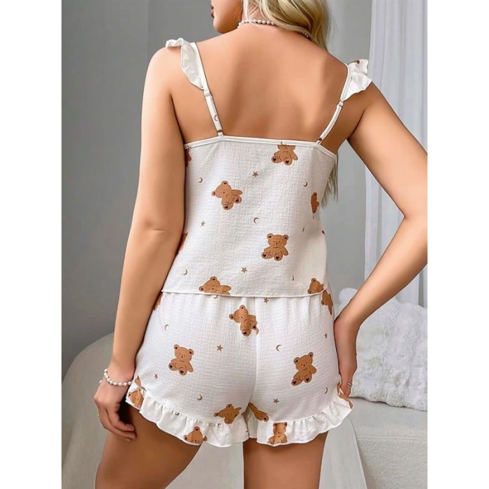 Pamuklu Ayıcık Desen Fırfırlı Askılı Şortlu Pijama Takımı