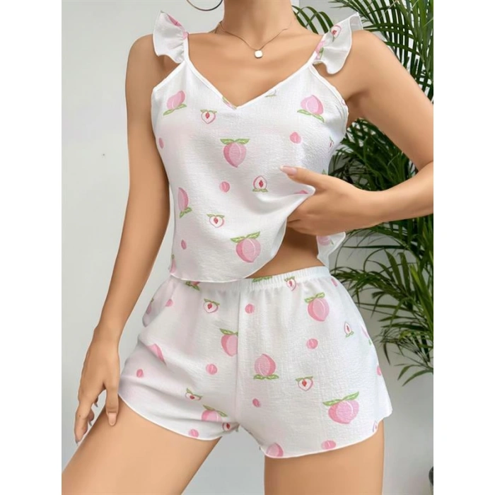 Pamuklu Beyaz Üstüne Çiçek Desen Fırfır Askılı Şortlu Pijama Takımı
