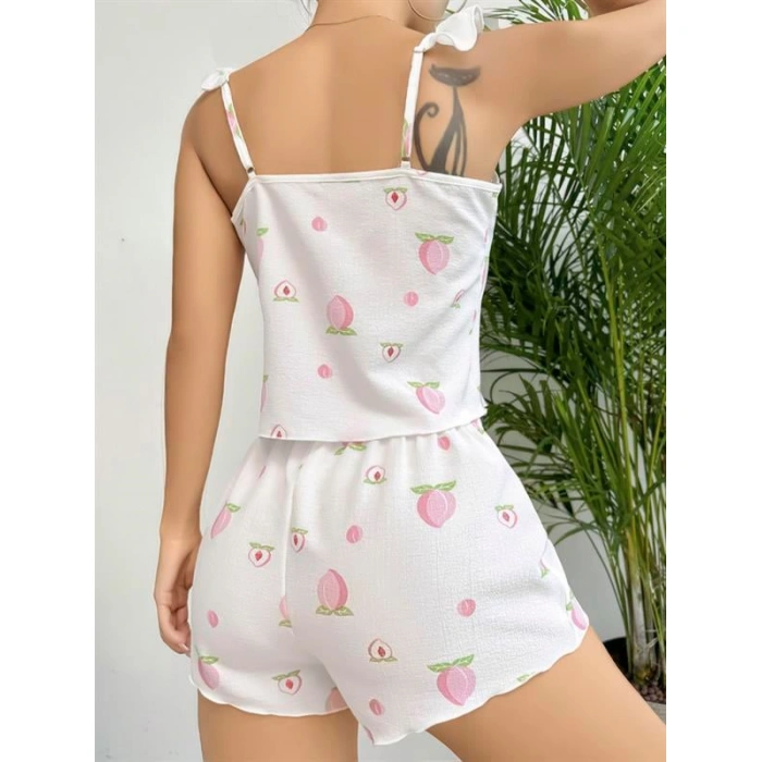 Pamuklu Beyaz Üstüne Çiçek Desen Fırfır Askılı Şortlu Pijama Takımı