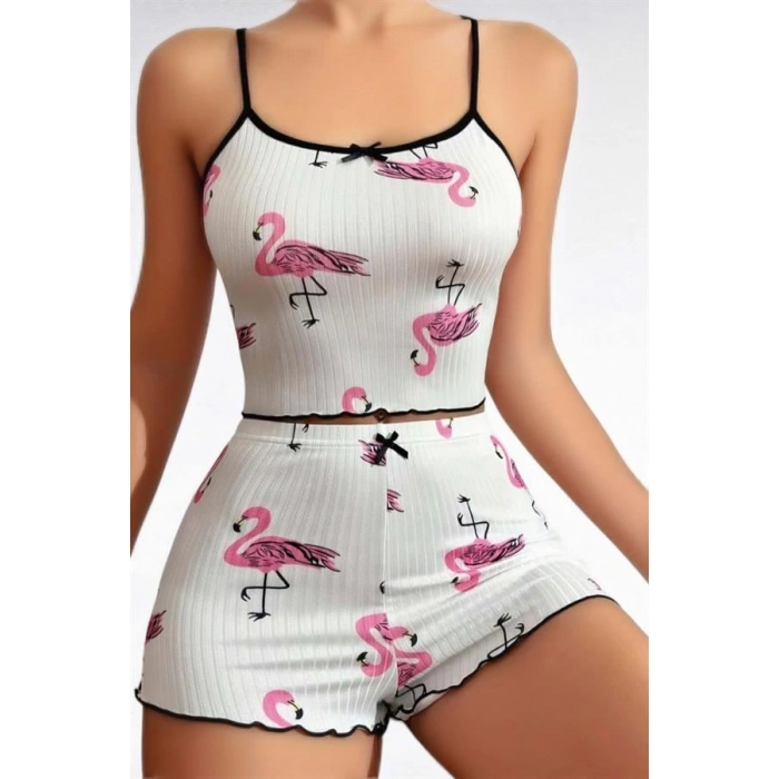 Pamuklu Beyaz Üstüne Pelikan Desen Fitilli Askılı Şortlu Pijama Takımı