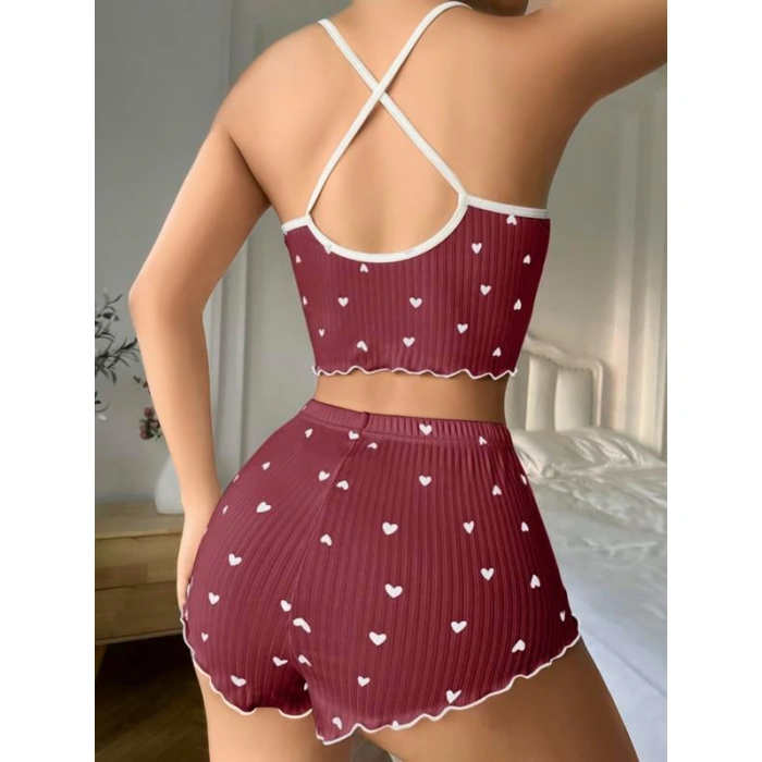 Pamuklu Kahverengi Üstüne Beyaz Kalp Desen Fitilli Askılı Şortlu Pijama Takımı