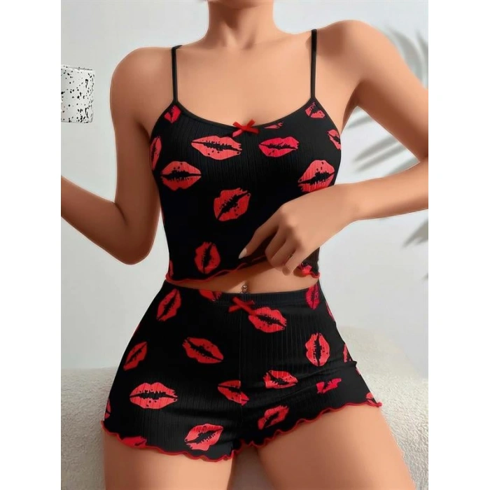 Pamuklu Kiss Öpücük Desen Siyah Fitilli Şortlu Pijama Takımı
