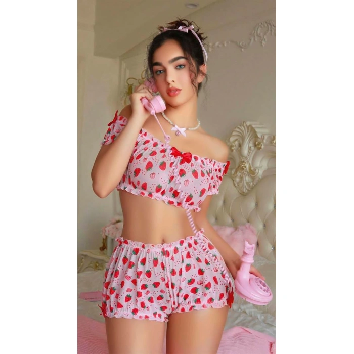 Pembe Çilek Desenli Şortlu Fantezi Sütyen Takımı