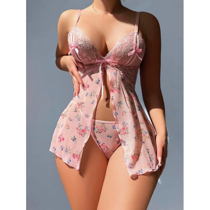 Pembe Dantel İşlemeli Çiçek Desenli Fantezi Gecelik