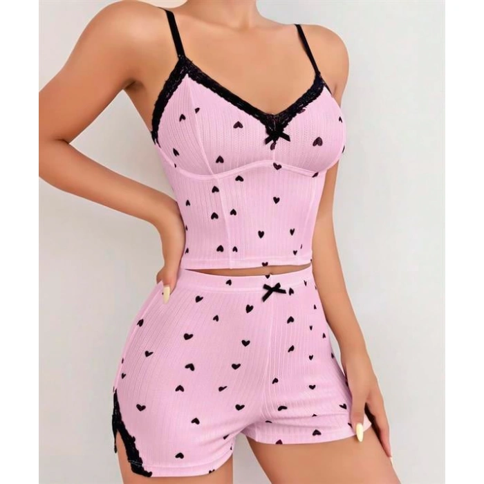 Pembe Kalp Desenli Askılı Şortlu Pijama Takım