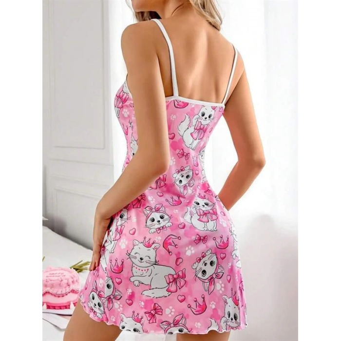 Pembe Kedi Desenli Fantezi Gecelik