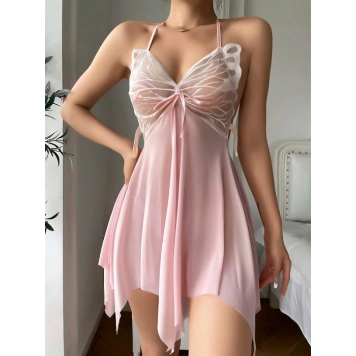 Pembe Kelebek İşlemeli Tül Fantezi Gecelik