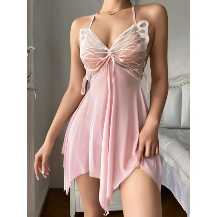 Pembe Kelebek İşlemeli Tül Fantezi Gecelik