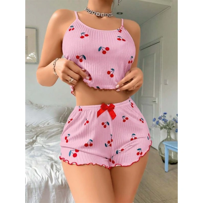 Pembe Kiraz Desenli Askılı Şortlu Pijama