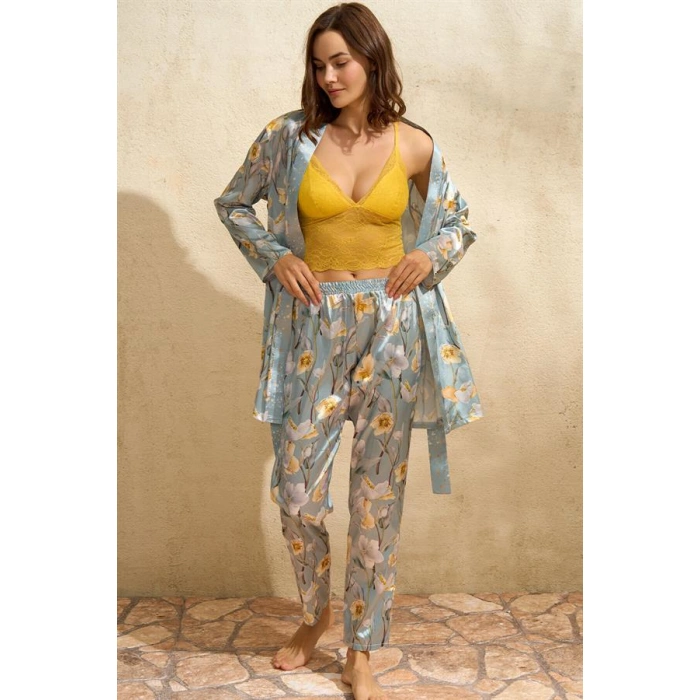 Saten Çiçek Baskılı Sabahlık Balensiz Desteksiz Dolgusuz Dantelli Bralet Sütyen ve Pantolon Pijama 3lü Takım