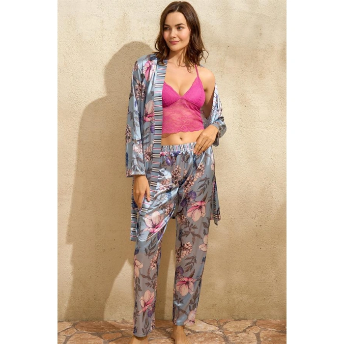 Saten Çiçek Baskılı Sabahlık Balensiz Desteksiz Dolgusuz Dantelli Bralet Sütyen ve Pantolon Pijama 3lü Takım