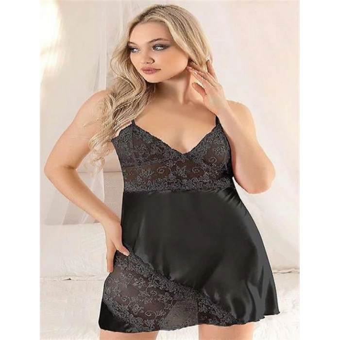 Siyah Dantel İşlemeli İnce Askılı Saten Kısa Fantezi Gecelik