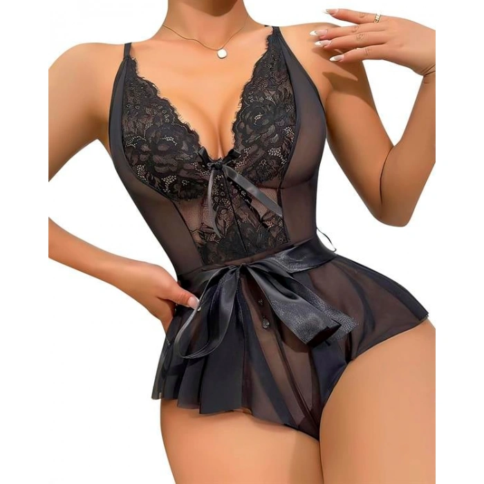 Siyah Dantel İşlemeli Kurdelalı Fantezi Tül Babydoll