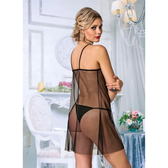 Siyah Dantel İşlemeli Önden Yırtmaçlı Fantezi Tül Gecelik Takımı