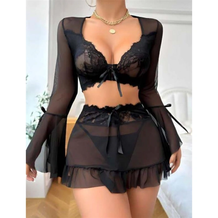 Siyah Dantelli Etekli Fantezi Tül Bolero Sütyen Takım