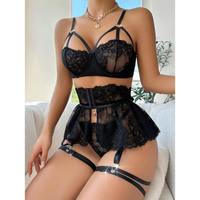 Siyah Dantelli Göğüs İp Detaylı Fantezi Jartiyer Takımı
