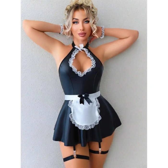 Siyah Göğüs Dekolteli Boyundan Bağlamalı Mini Etekli Fantezi Deri Hizmetçi Kostümü