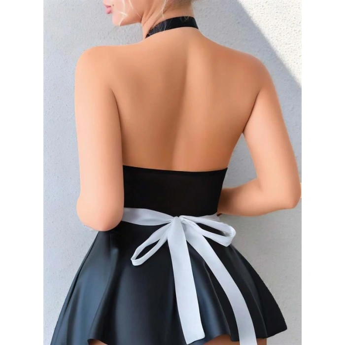 Siyah Göğüs Dekolteli Boyundan Bağlamalı Mini Etekli Fantezi Deri Hizmetçi Kostümü