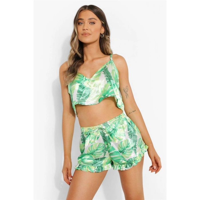 Yeşil Fırfırlı Şortlu Pijama Takımı