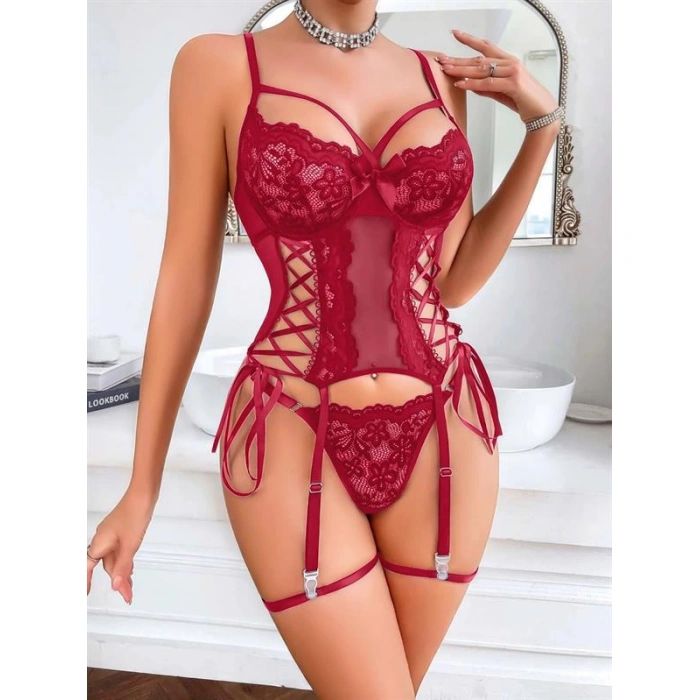 Arias Closet Özel Tasarım Kırmızı Dantel İşlemeli Fantezi Jartiyer Takımı