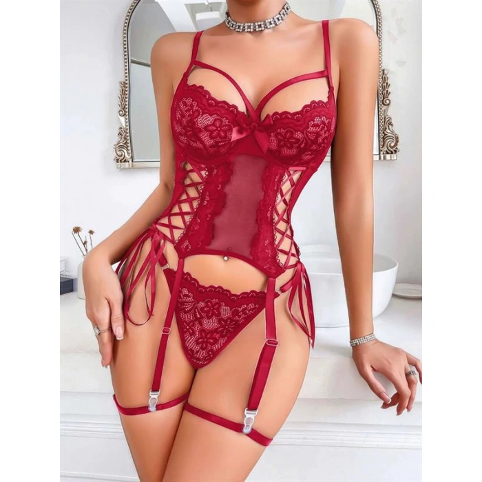 Arias Closet Özel Tasarım Kırmızı Dantel İşlemeli Fantezi Jartiyer Takımı