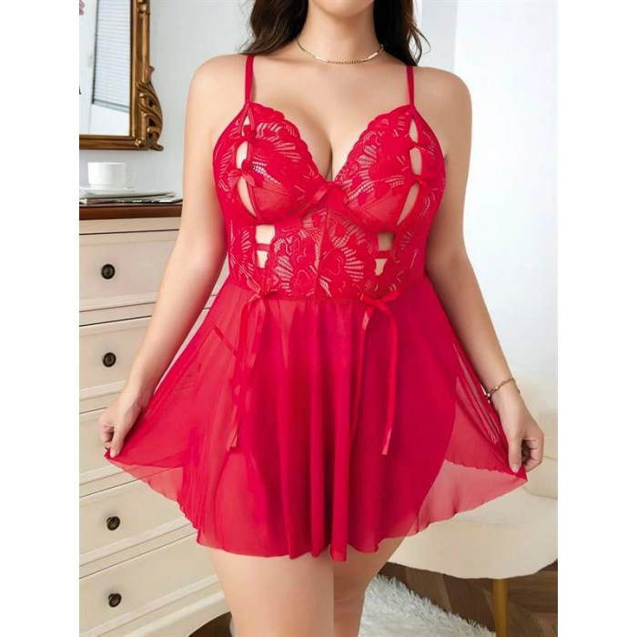 Büyük Beden Göğüs Kısmı Fiyonklu Dekolteli Fantezi Gecelik